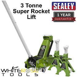 Sealey Trolley Jack 3 Tonne Ton Super Rocket Lift Axle Stands Hi Vis Green