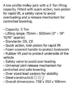 Us Pro 3 Ton Low Profile Rapid Lift Trolley Jack Twin Piston 3 Tonne 10108