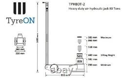 Tyreon Tph80-t2 Air Hydraulique Jack 80tons Lift 23-58.3 CM 2 Stage Telecopic
