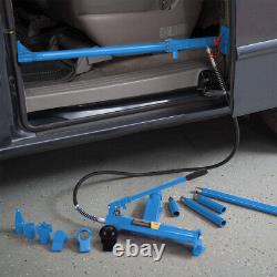 Vérin hydraulique portable de 10 tonnes avec pompe à air, vérin de levage, kits de réparation de châssis de carrosserie en bleu.